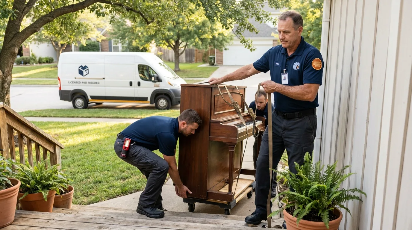 Licensed piano movers securing grand piano in Howard Lake, MN