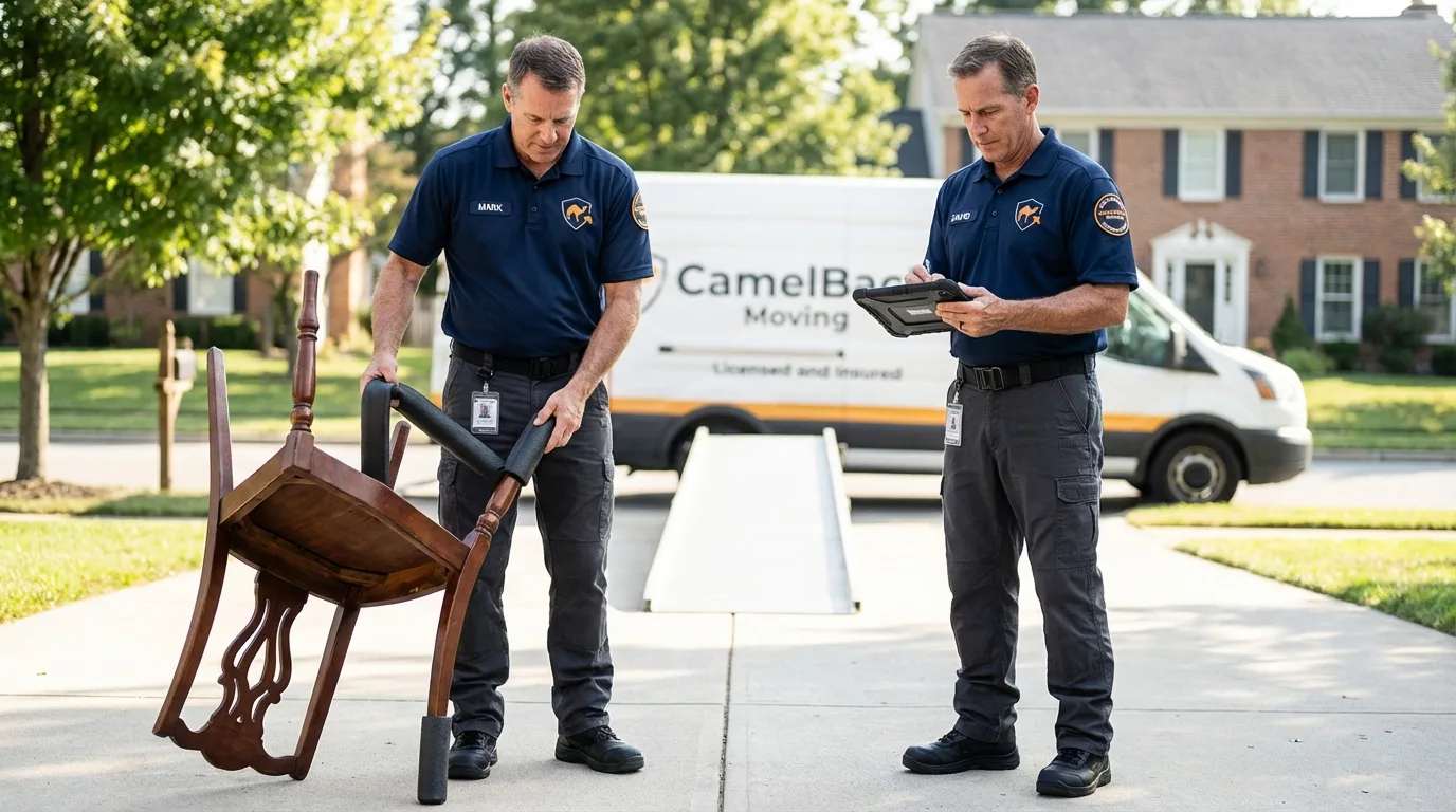 Movers inspecting furniture for damage prevention before loading in Howard Lake, MN