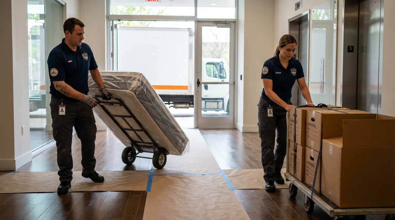 Professional apartment movers loading elevator in Howard Lake, MN